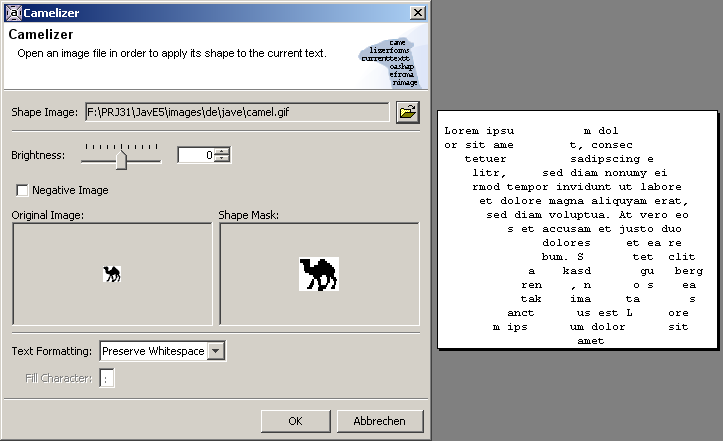 screenshot: Camelizer dialog